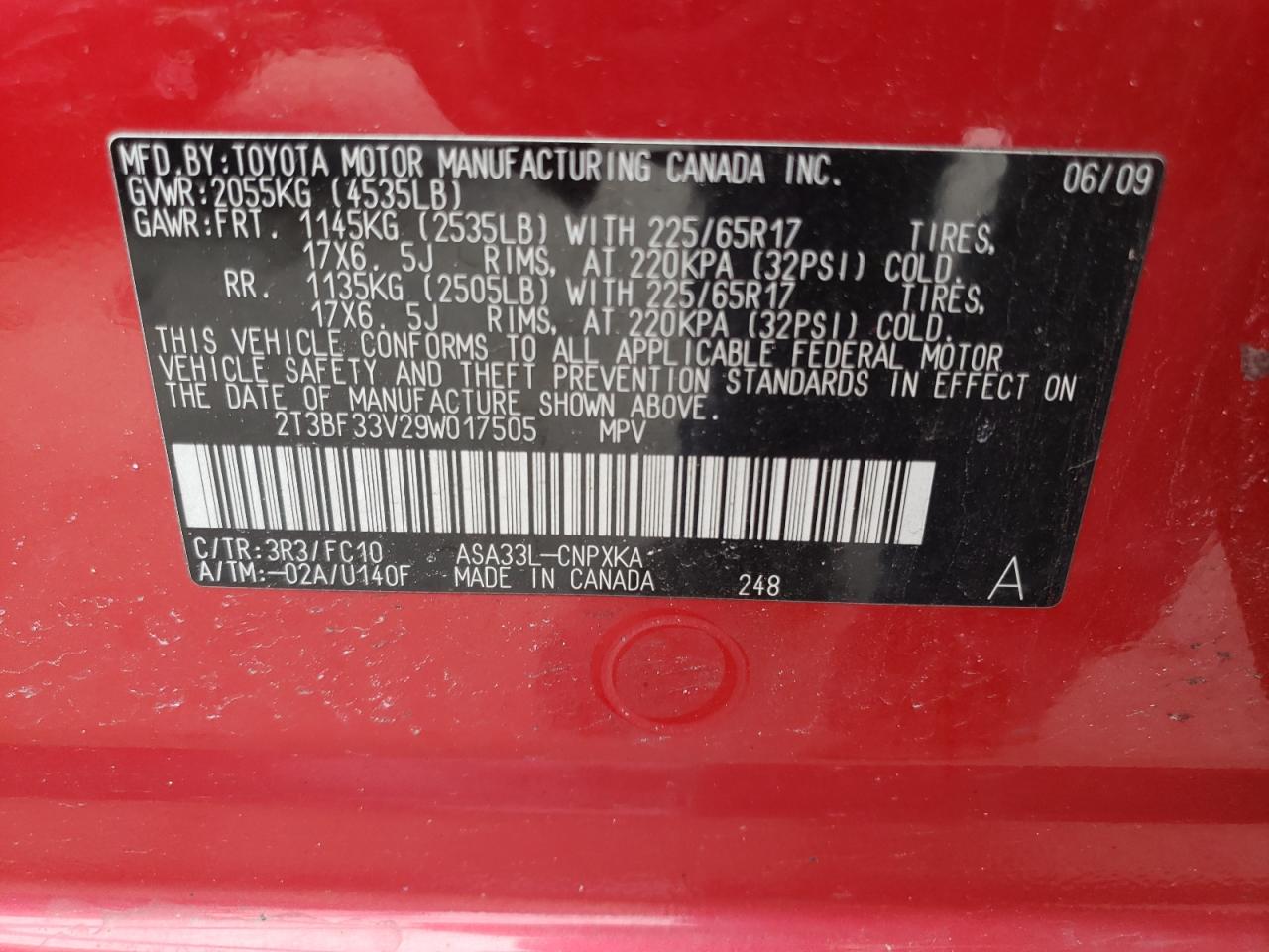 Photo 10 from auction – 2009 TOYOTA RAV4 with VIN 2T3BF33V29W017505