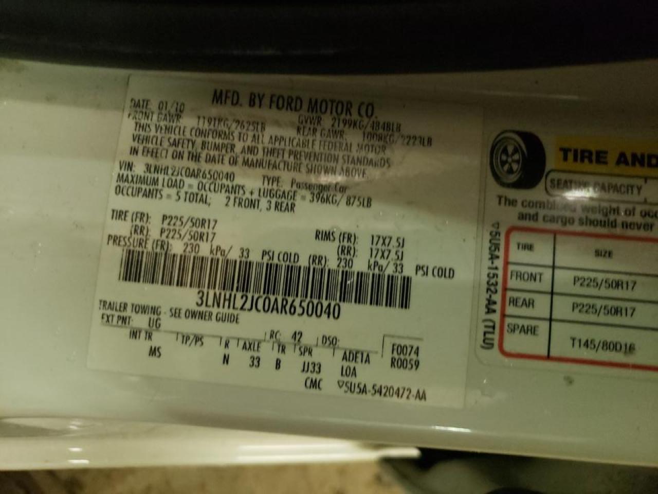 Photo 10 from auction – 2010 LINCOLN MKZ with VIN 3LNHL2JC0AR650040