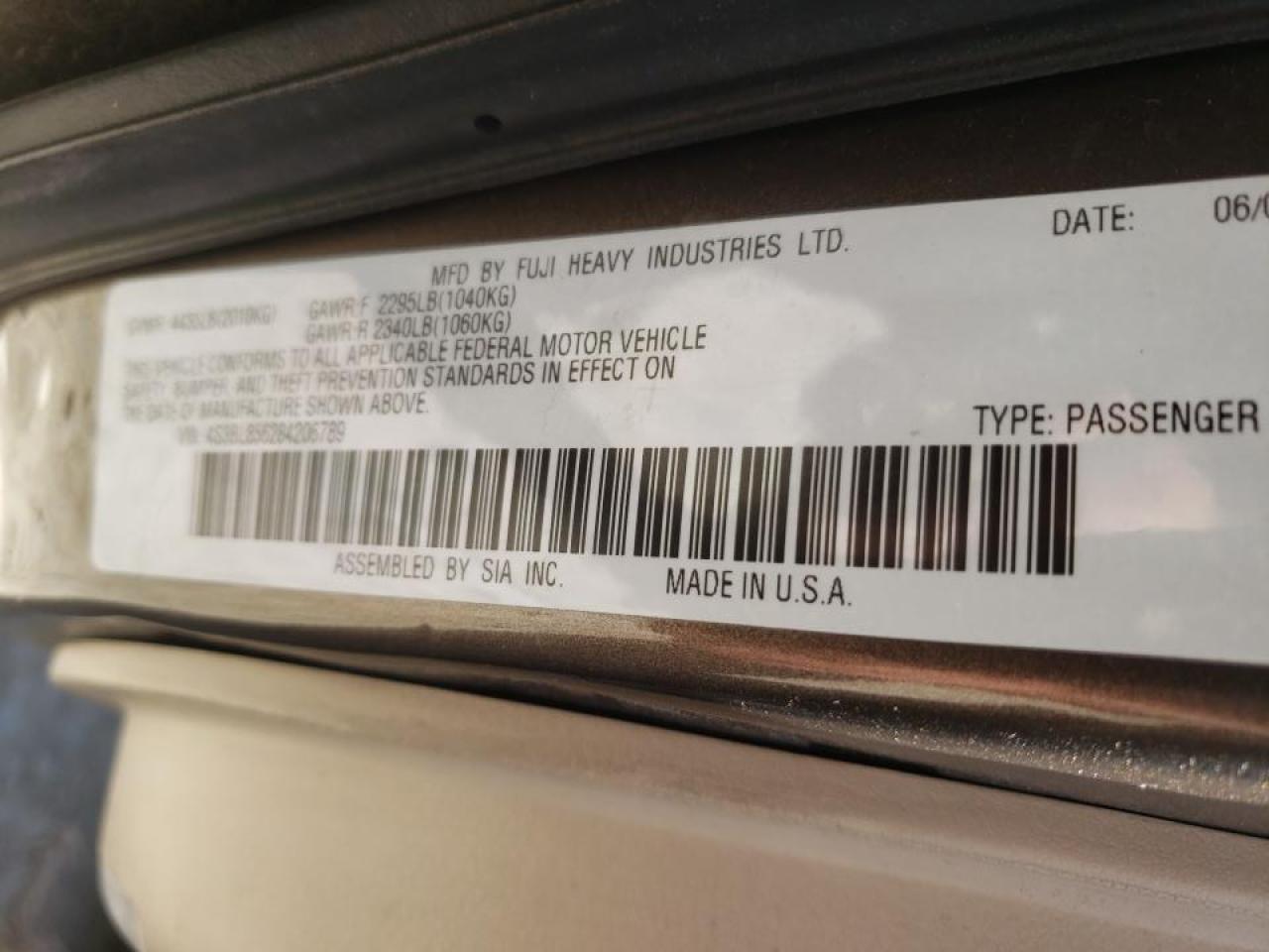 Photo 10 from auction – 2008 SUBARU LEGACY 3.0 with VIN 4S3BL856284206789