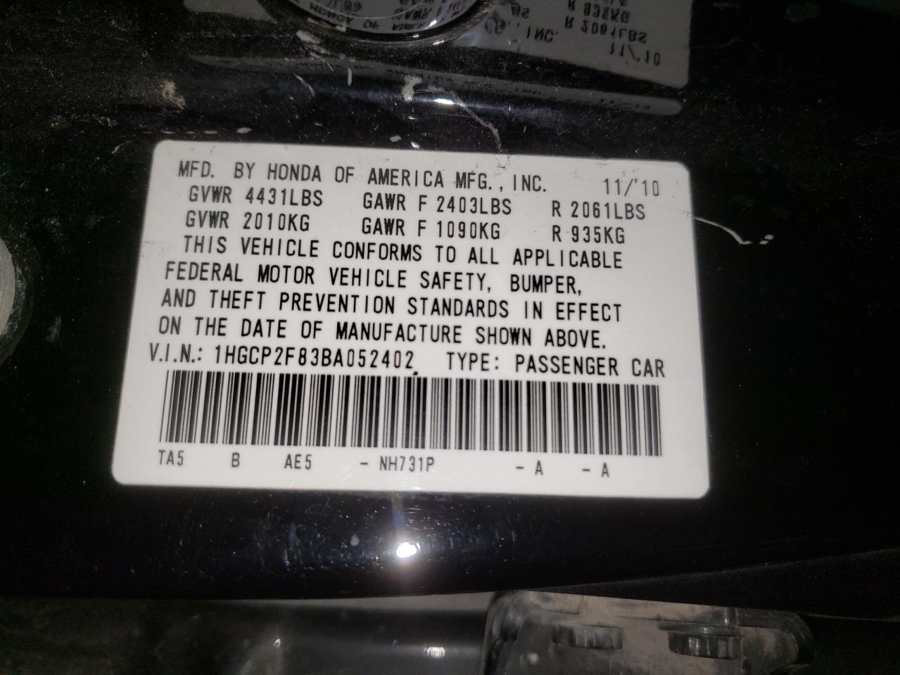 Photo 10 from auction – 2011 HONDA ACCORD EXL with VIN 1HGCP2F83BA052402