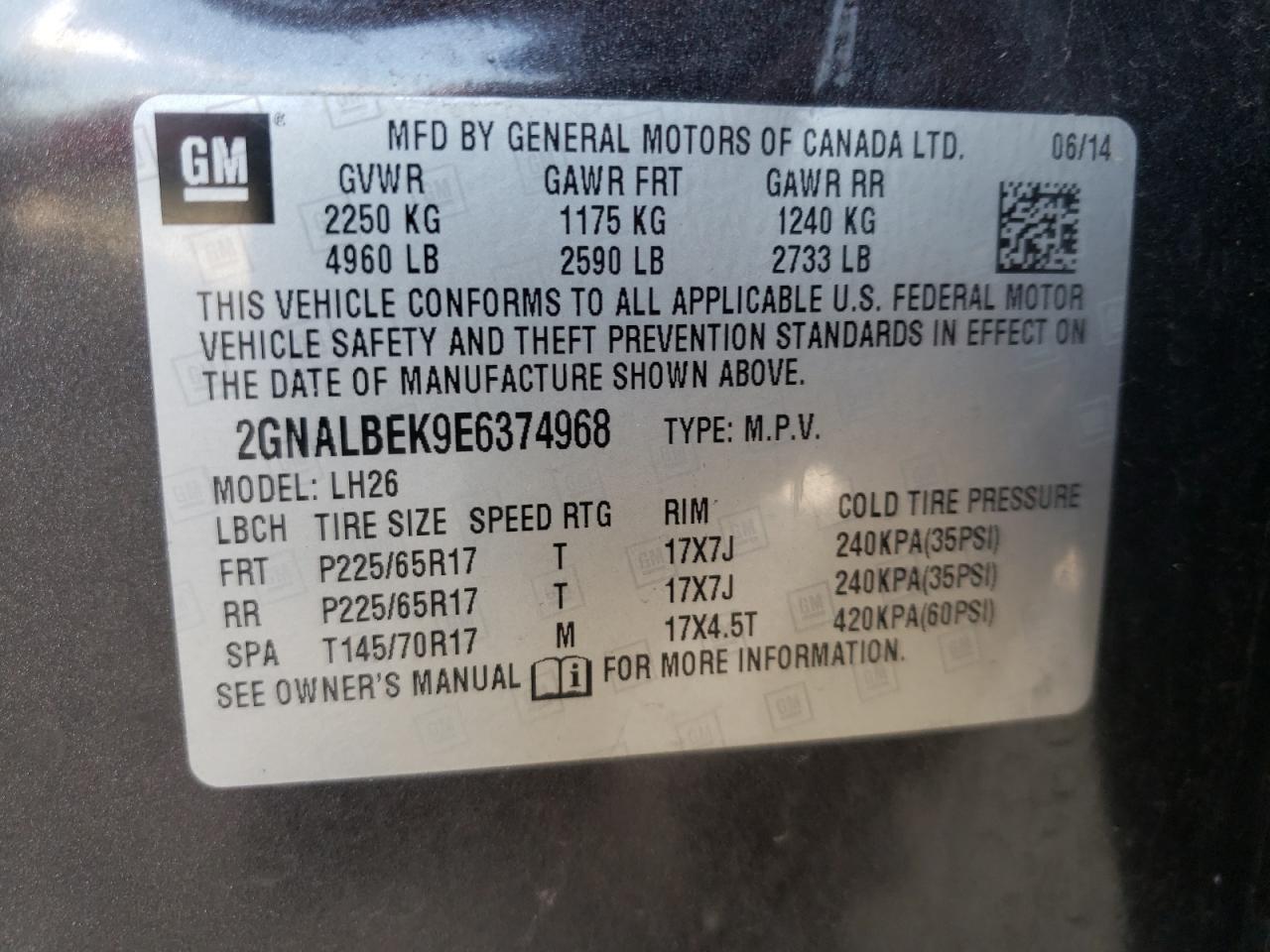 Photo 10 from auction – 2014 CHEVROLET EQUINOX LT with VIN 2GNALBEK9E6374968