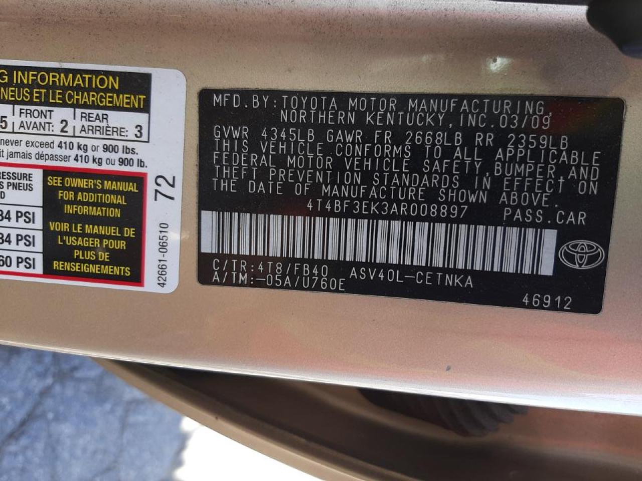 Photo 10 from auction – 2010 TOYOTA CAMRY BASE with VIN 4T4BF3EK3AR008897