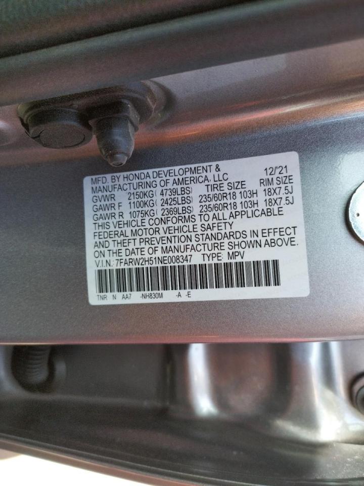 Photo 10 from auction – 2022 HONDA CR-V EX with VIN 7FARW2H51NE008347