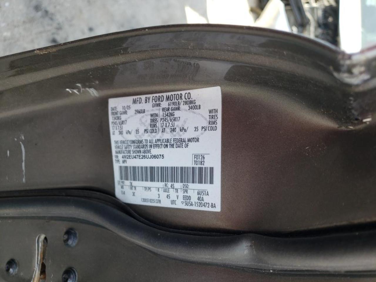 Photo 10 from auction – 2006 MERCURY MOUNTAINEE with VIN 4M2EU47E26UJ06075