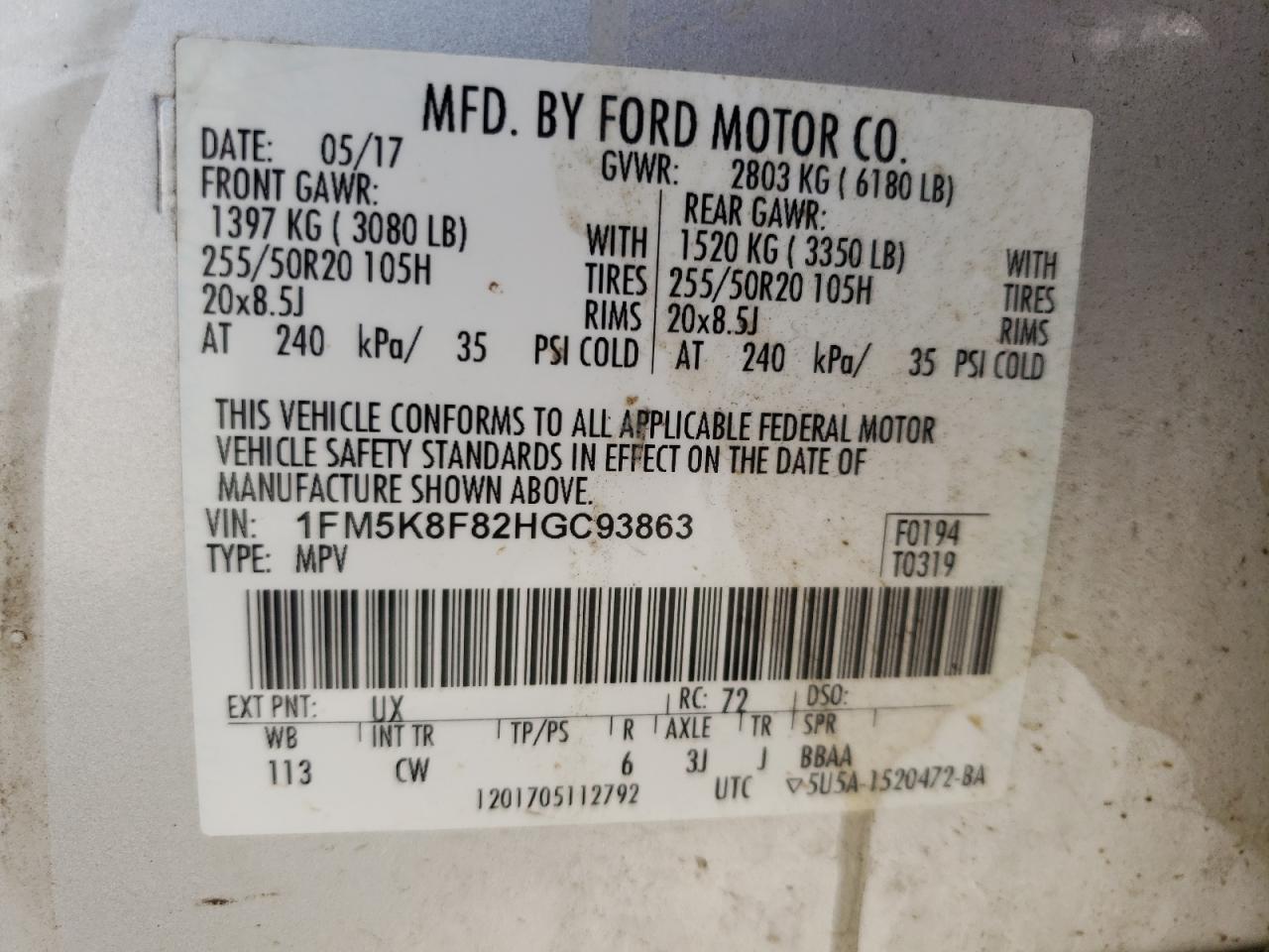 Photo 10 from auction – 2017 FORD EXPLORER L with VIN 1FM5K8F82HGC93863