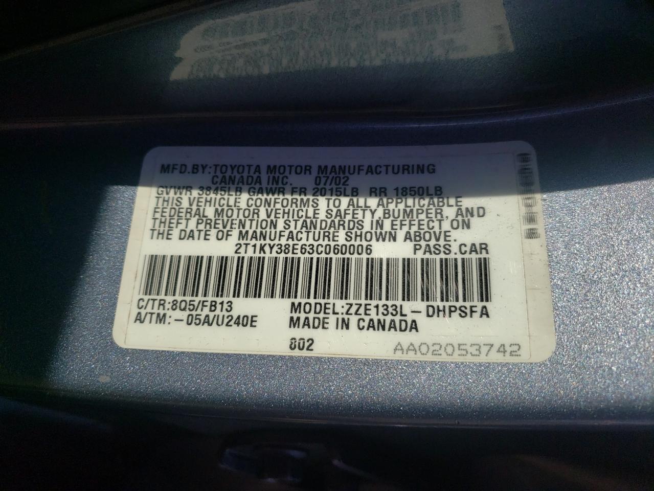 Photo 10 from auction – 2003 TOYOTA COROLLA MA with VIN 2T1KY38E63C060006