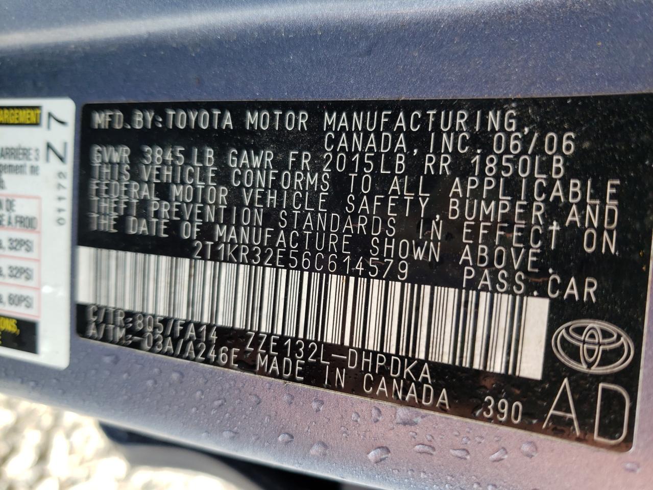 Photo 10 from auction – 2006 TOYOTA COROLLA MA with VIN 2T1KR32E56C614579