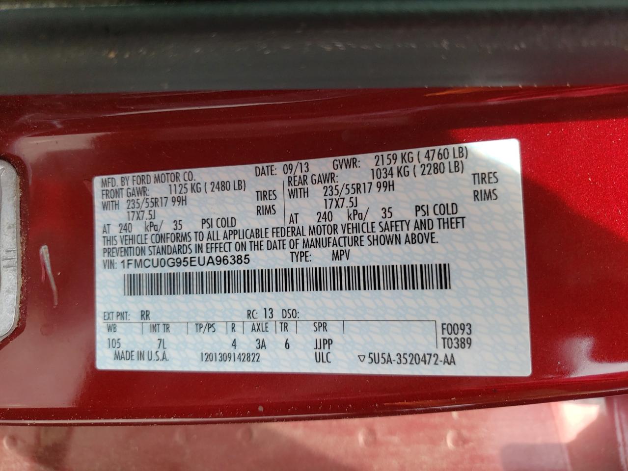Photo 10 from auction – 2014 FORD ESCAPE SE with VIN 1FMCU0G95EUA96385