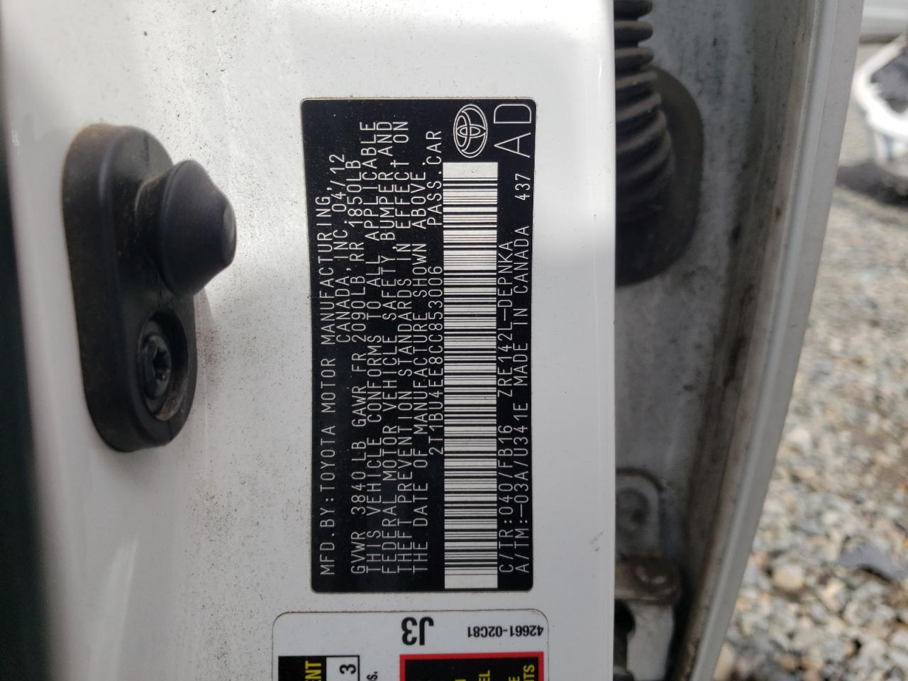 Photo 10 from auction – 2012 TOYOTA COROLLA BA with VIN 2T1BU4EE8CC853006