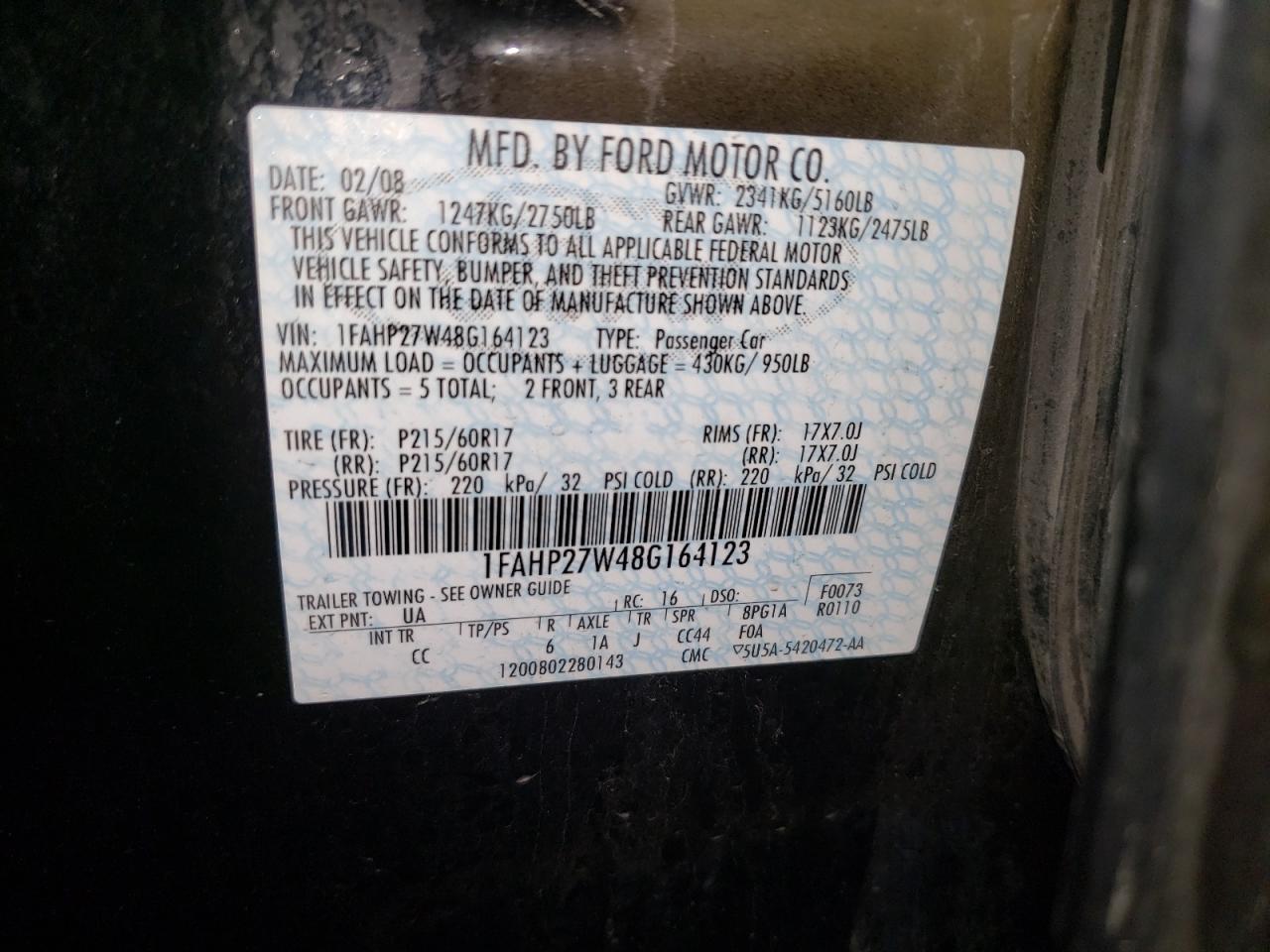 Photo 10 from auction – 2008 FORD TAURUS SEL with VIN 1FAHP27W48G164123