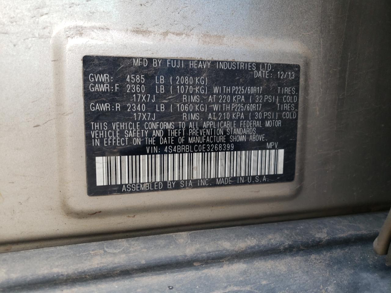 Снимка 10 от търг – 2014 SUBARU OUTBACK 2. с VIN 4S4BRBLC0E3268399
