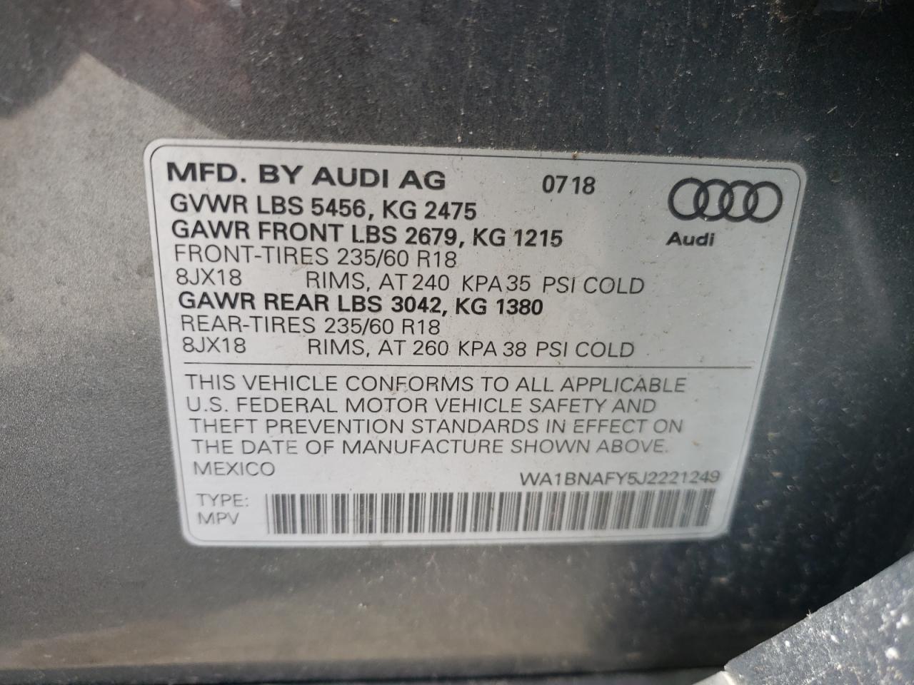 Photo 10 from auction – 2018 AUDI Q5 PREMIUM with VIN WA1BNAFY5J2221249