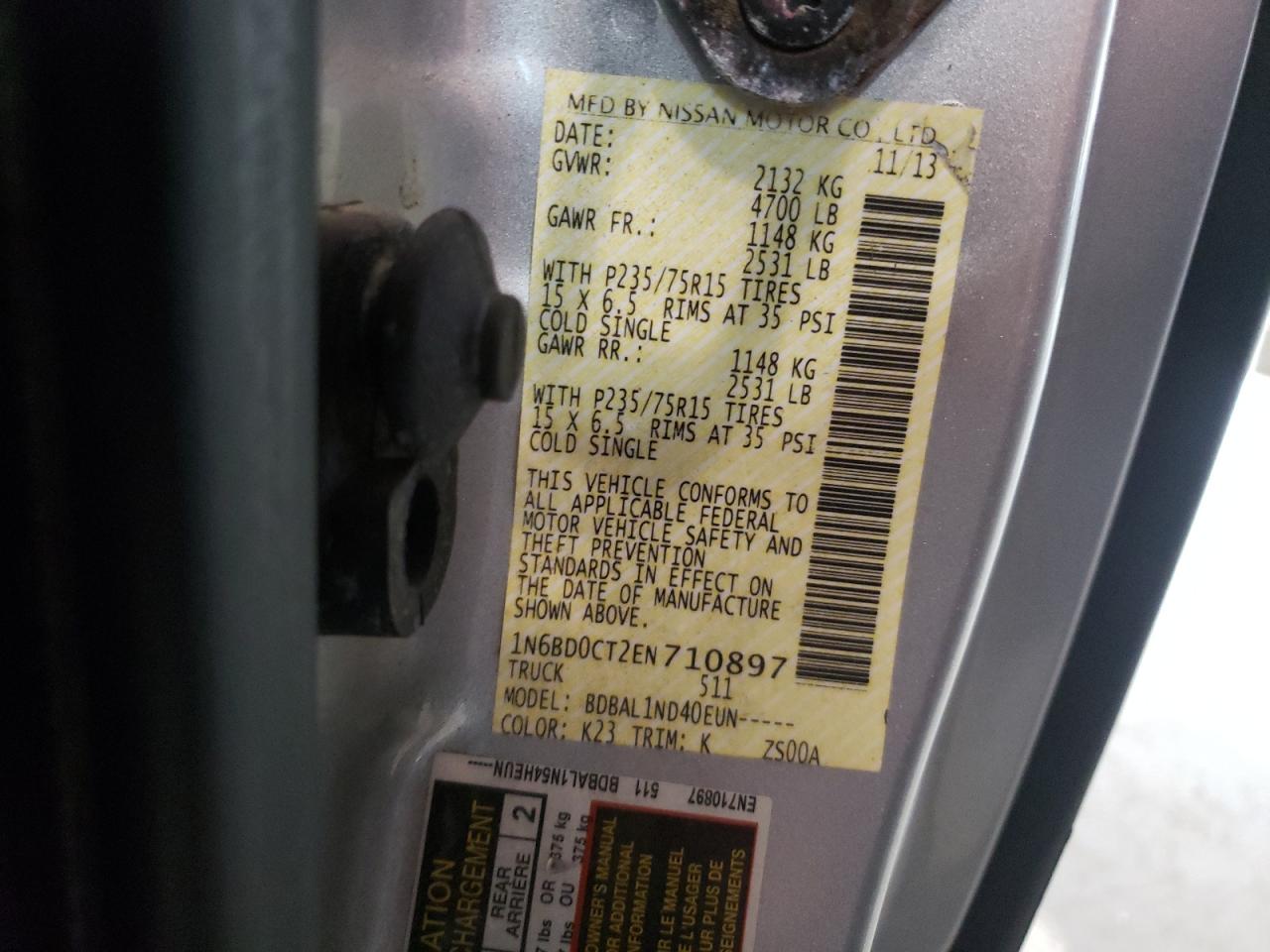 Photo 10 from auction – 2014 NISSAN FRONTIER S with VIN 1N6BD0CT2EN710897