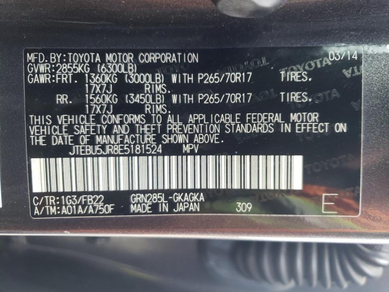 Photo 20 from auction – 2014 TOYOTA 4RUNNER SR with VIN JTEBU5JR8E5181524