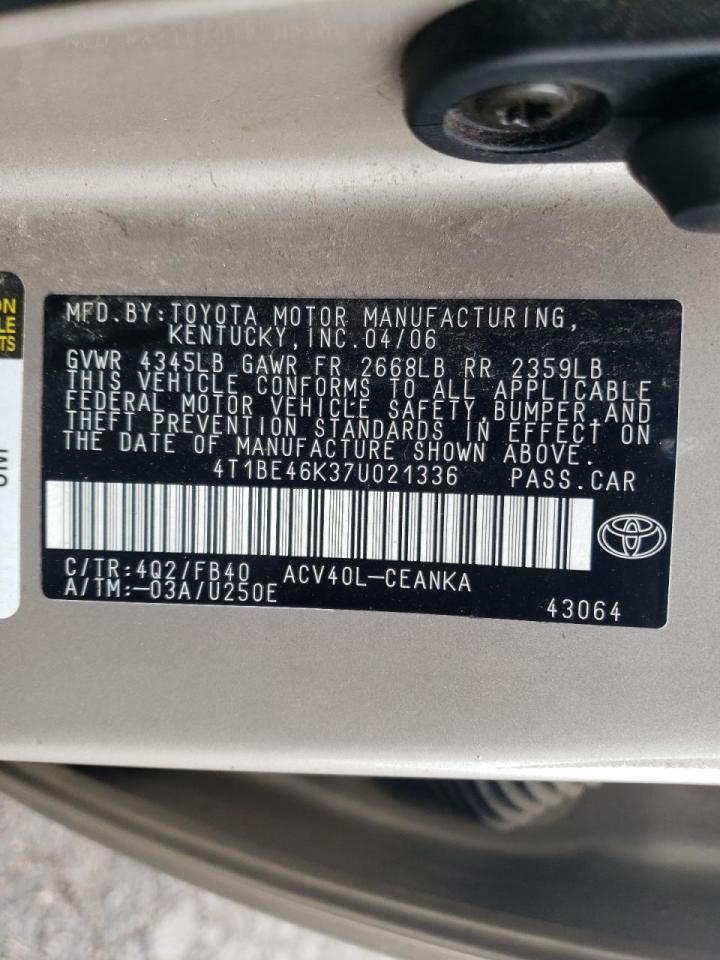 Photo 10 from auction – 2007 TOYOTA CAMRY CE with VIN 4T1BE46K37U021336