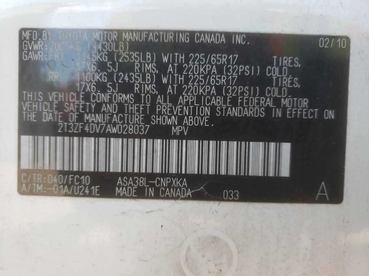 Photo 10 from auction – 2010 TOYOTA RAV4 with VIN 2T3ZF4DV7AW028037