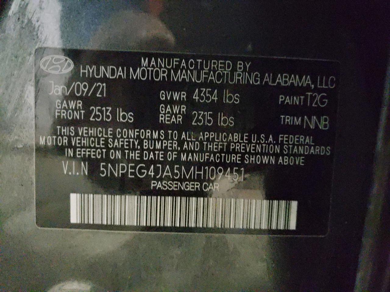 Photo 10 from auction – 2021 HYUNDAI SONATA SE with VIN 5NPEG4JA5MH109451