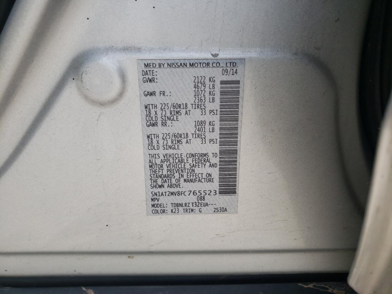 Photo 10 from auction – 2015 NISSAN ROGUE S with VIN 5N1AT2MV8FC765523