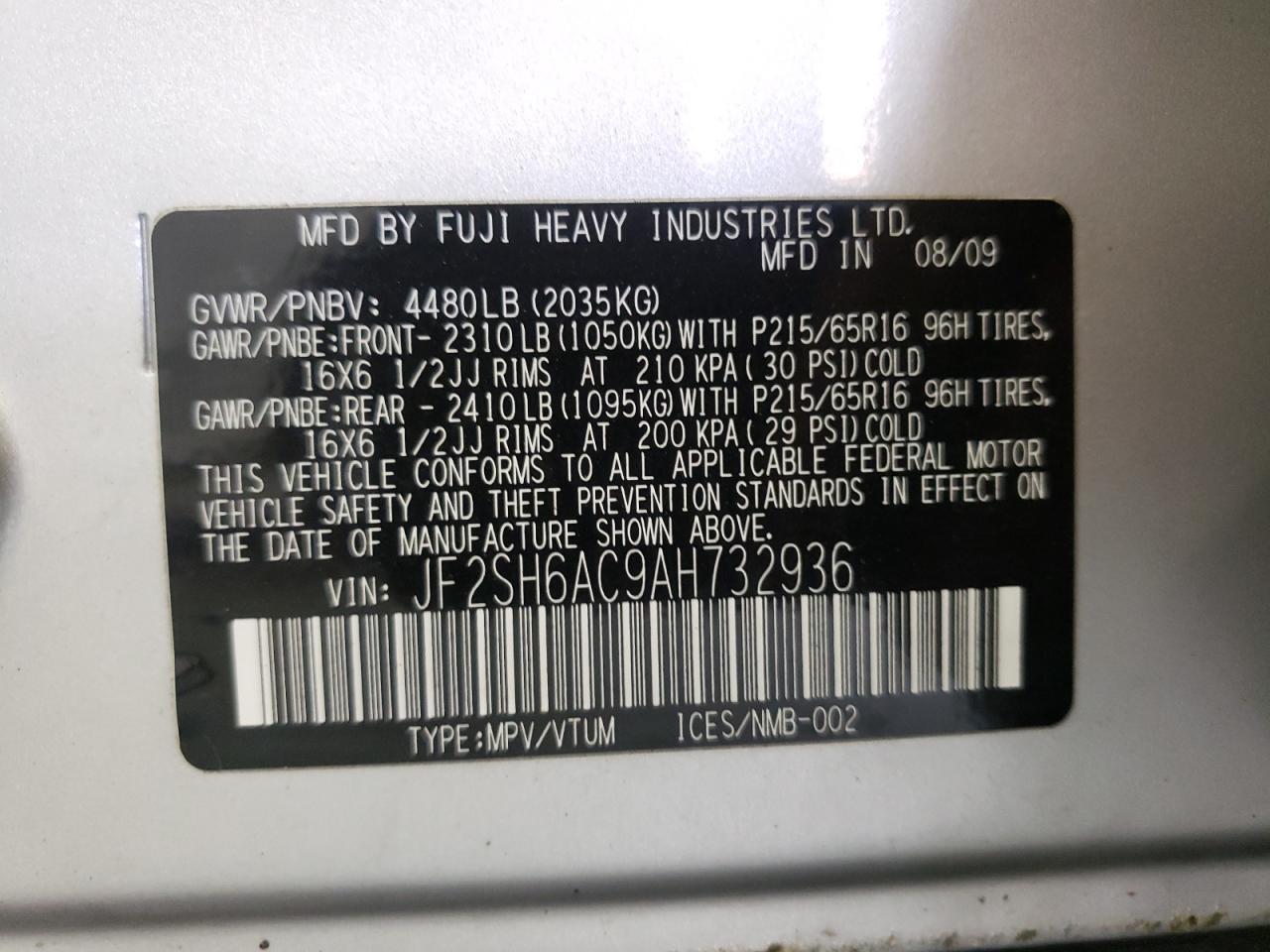 Photo 10 from auction – 2010 SUBARU FORESTER 2 with VIN JF2SH6AC9AH732936
