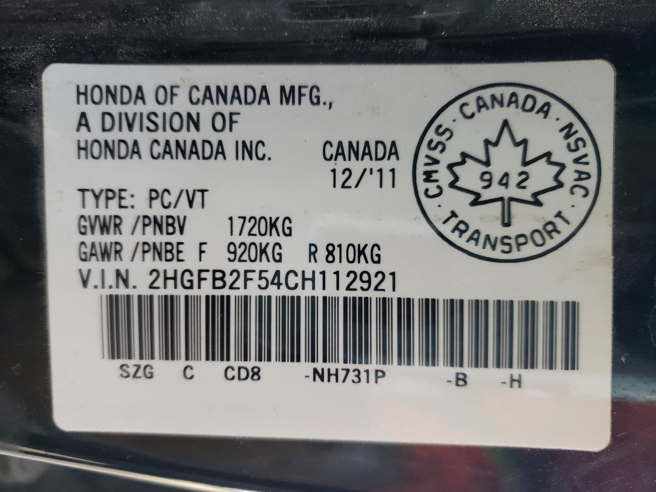 Photo 10 from auction – 2012 HONDA CIVIC LX with VIN 2HGFB2F54CH112921