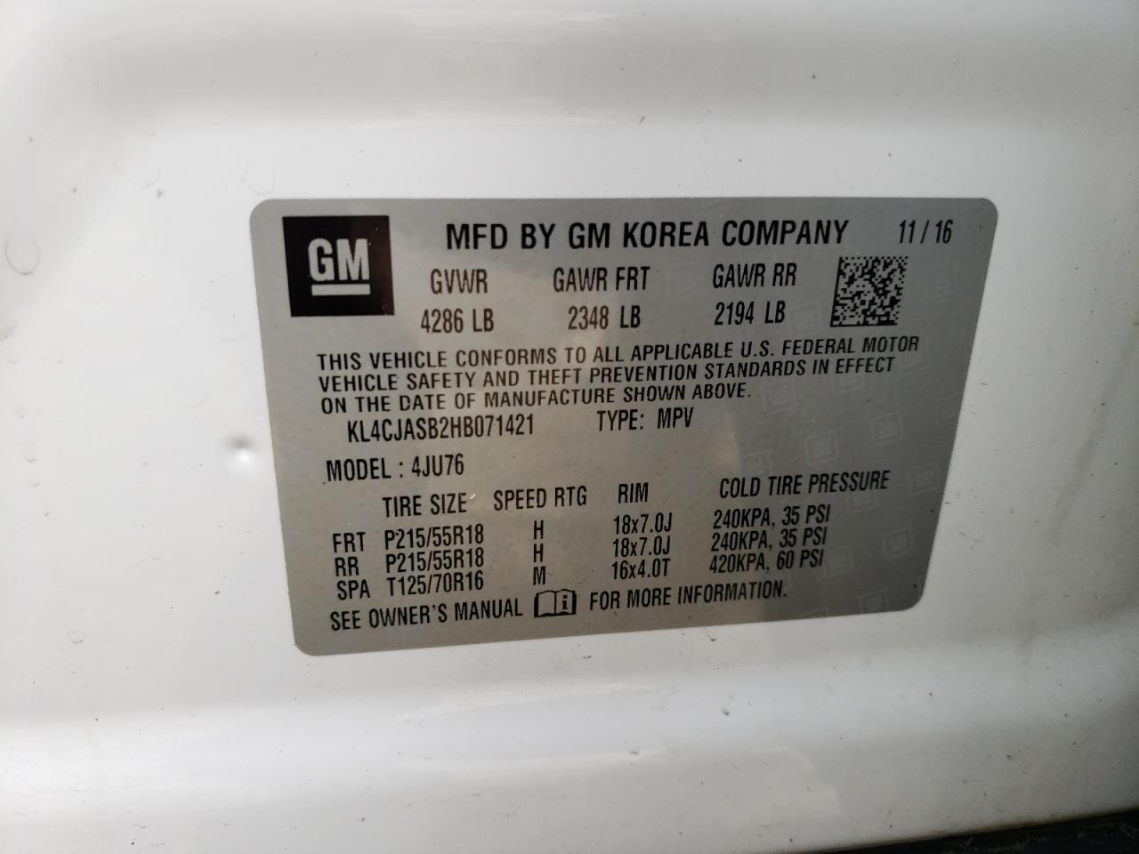Photo 10 from auction – 2017 BUICK ENCORE PRE with VIN KL4CJASB2HB071421