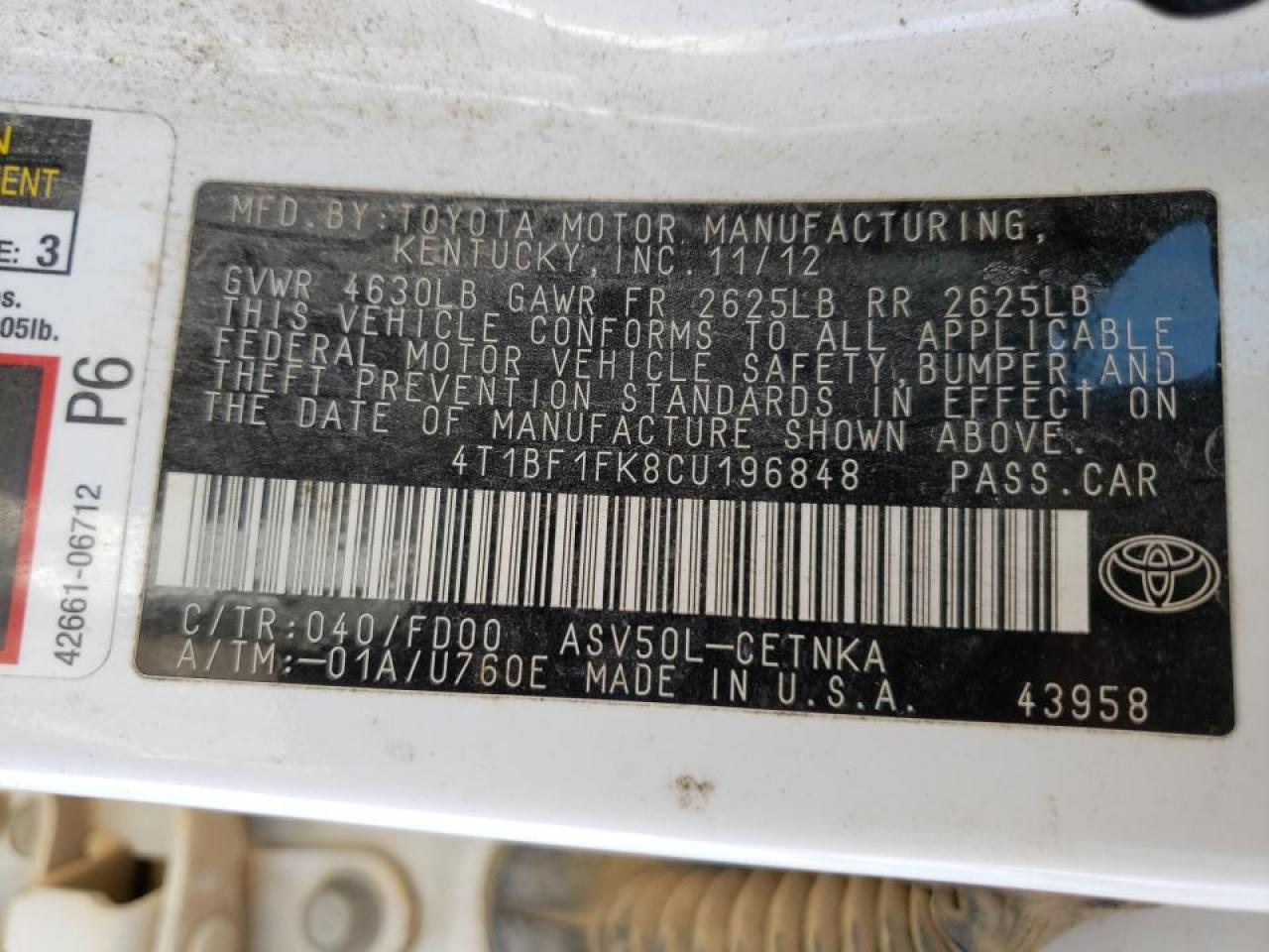 Photo 10 from auction – 2012 TOYOTA CAMRY BASE with VIN 4T1BF1FK8CU196848