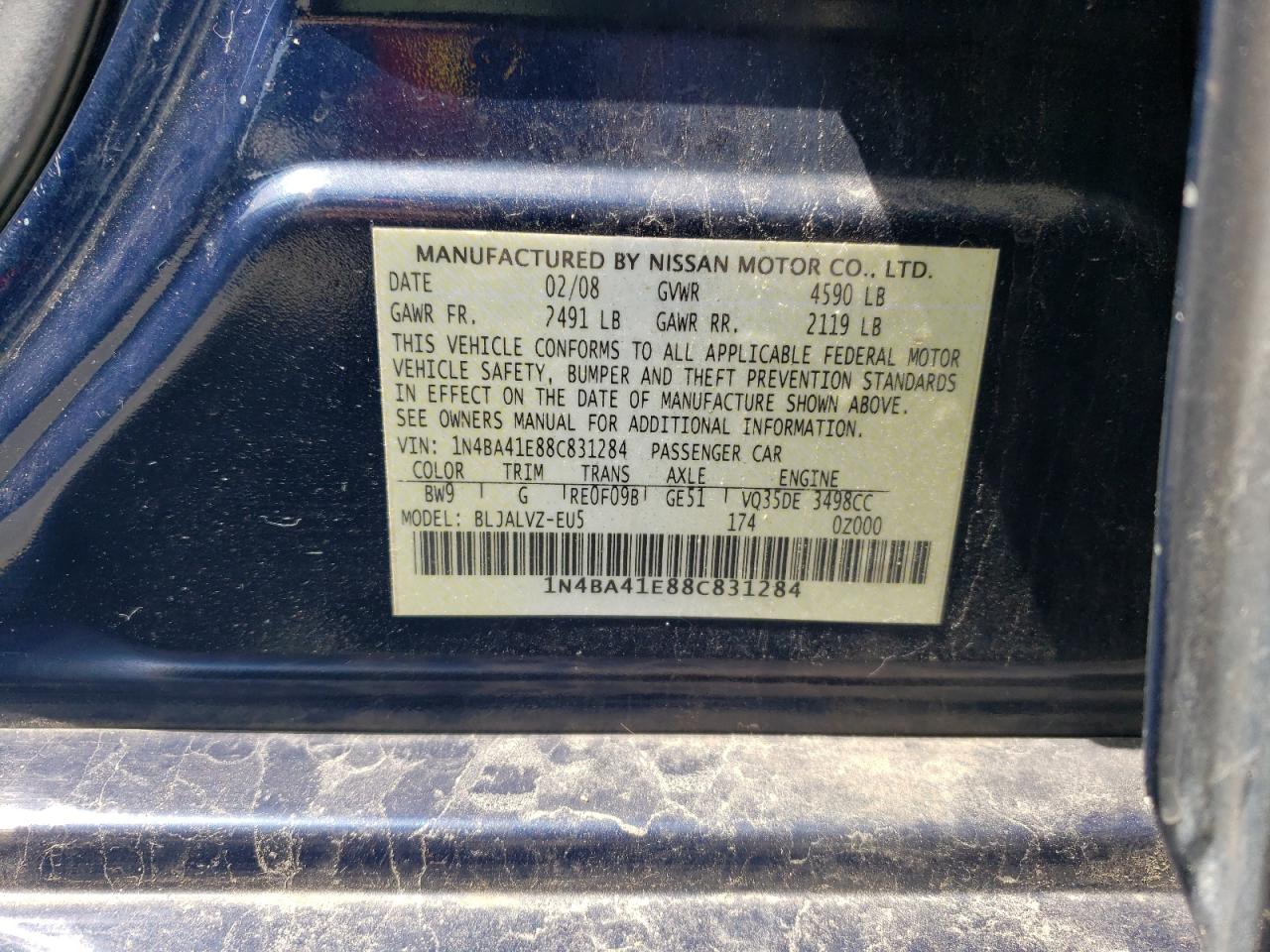 Photo 10 from auction – 2008 NISSAN MAXIMA SE with VIN 1N4BA41E88C831284