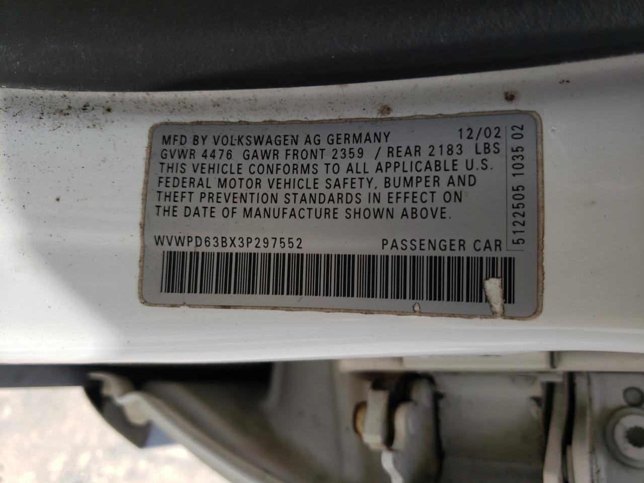 Photo 10 from auction – 2003 VOLKSWAGEN PASSAT GLS with VIN WVWPD63BX3P297552