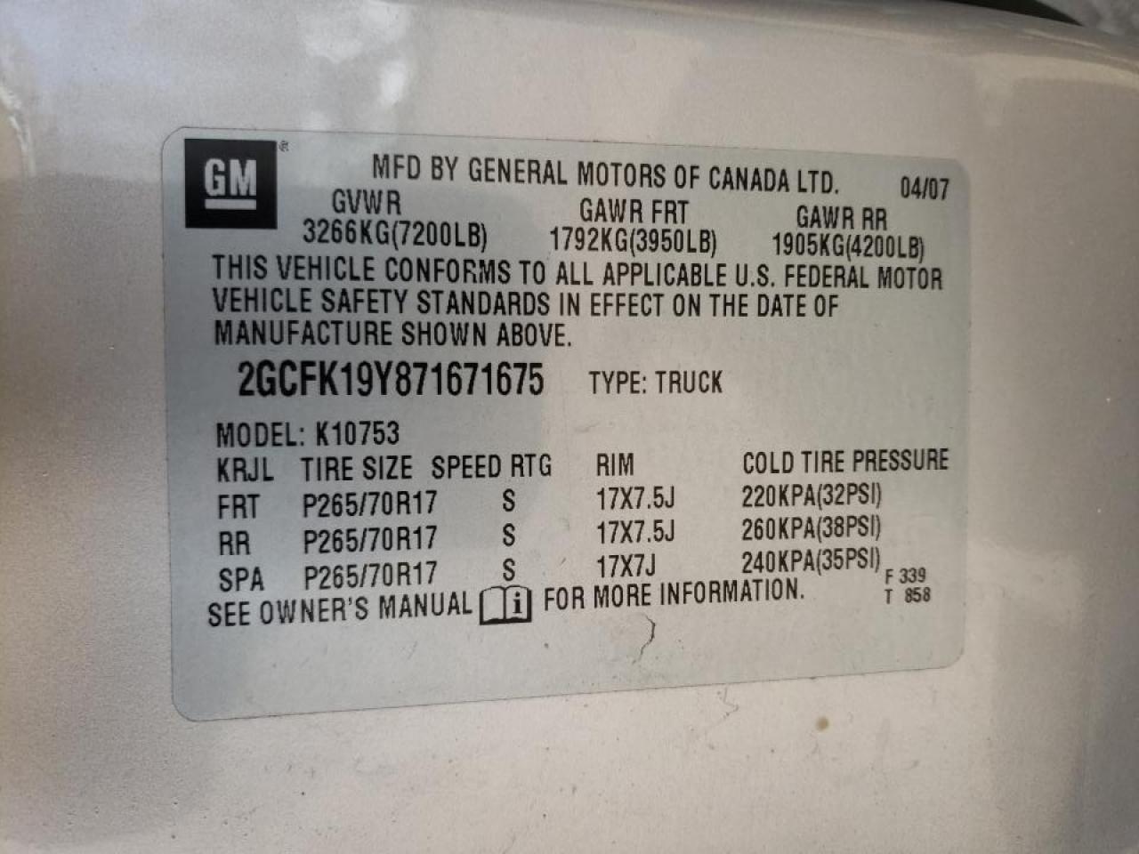 Photo 10 from auction – 2007 CHEVROLET SILVERADO with VIN 2GCFK19Y871671675