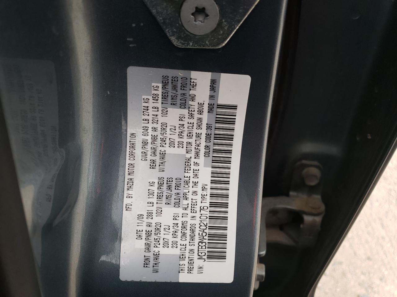 Photo 10 from auction – 2010 MAZDA CX-9 with VIN JM3TB3MA5A0210176