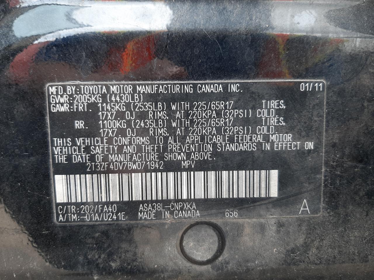 Photo 10 from auction – 2011 TOYOTA RAV4 with VIN 2T3ZF4DV7BW071942