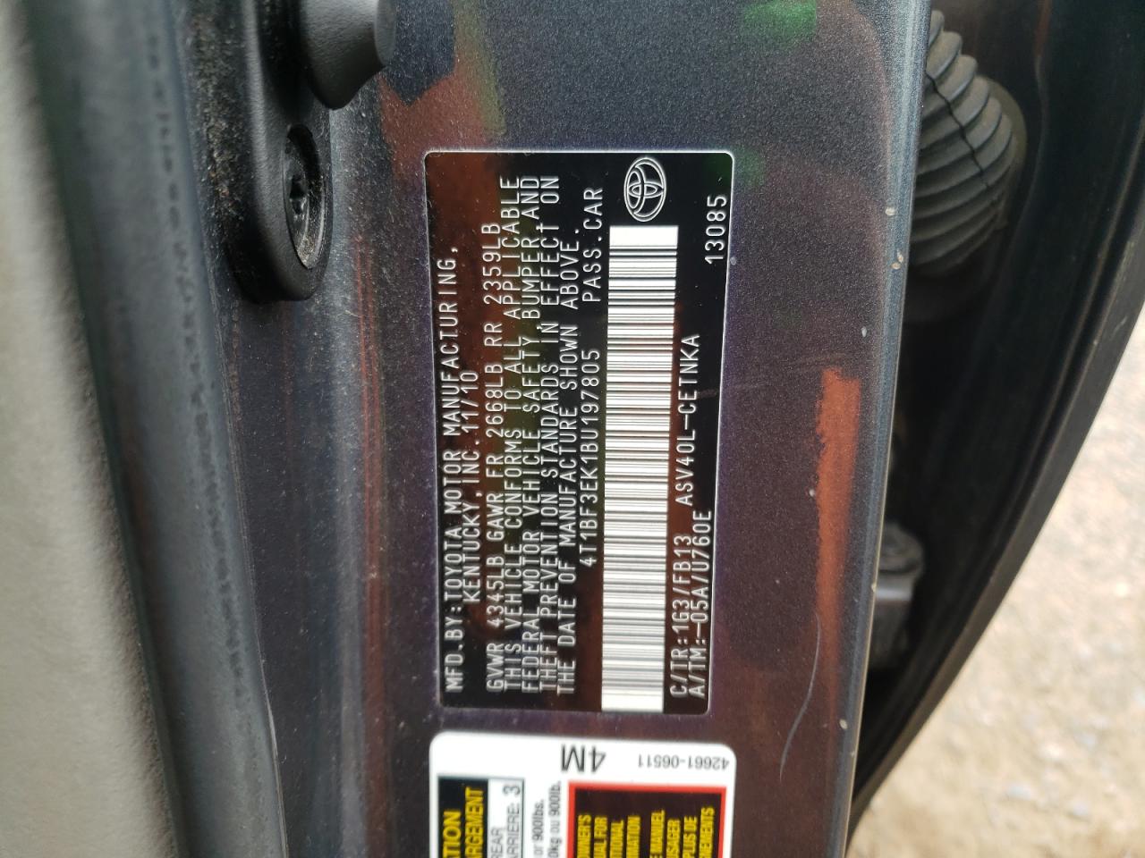 Photo 10 from auction – 2011 TOYOTA CAMRY BASE with VIN 4T1BF3EK1BU197805