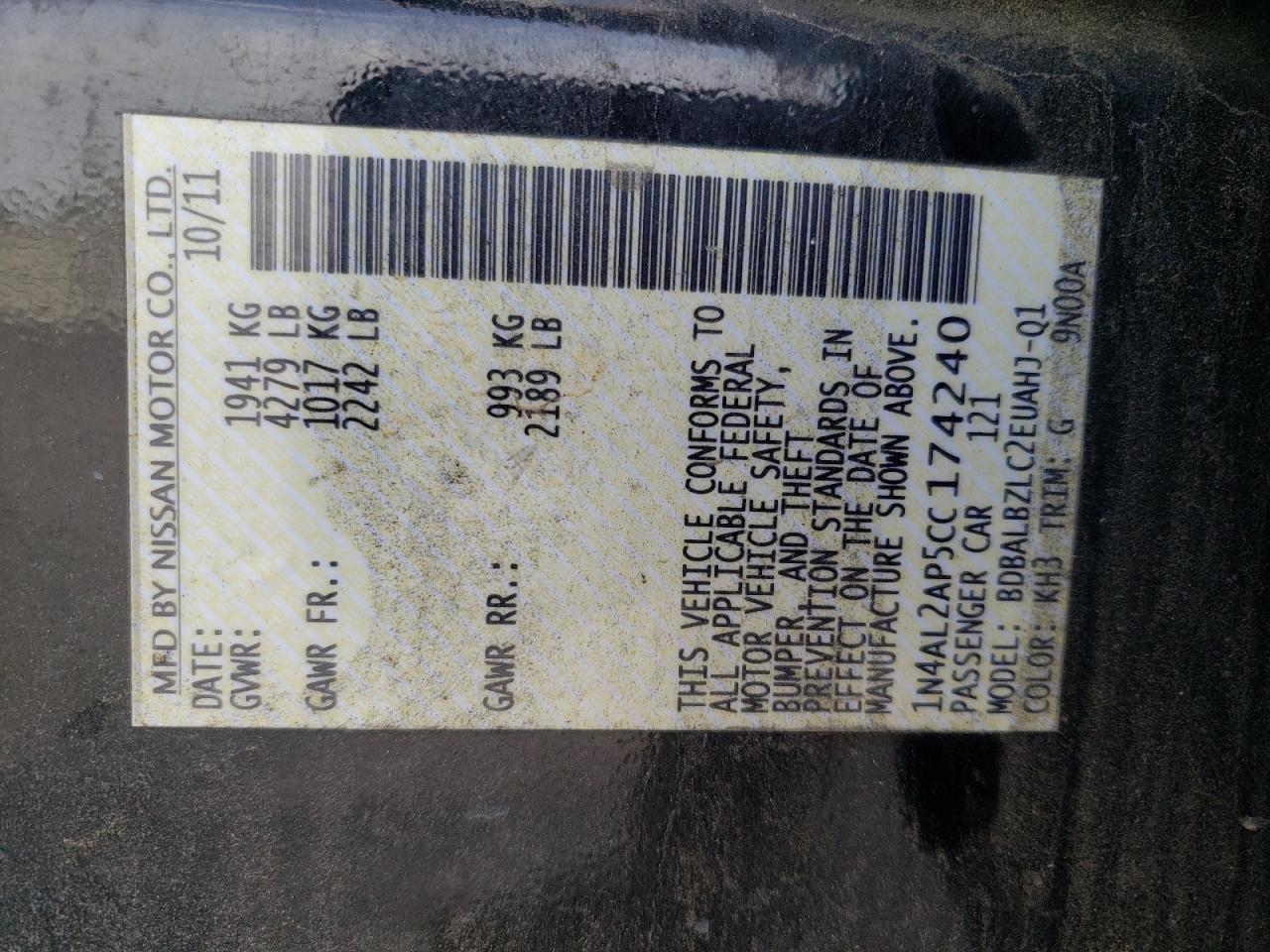Photo 10 from auction – 2012 NISSAN ALTIMA BAS with VIN 1N4AL2AP5CC174240