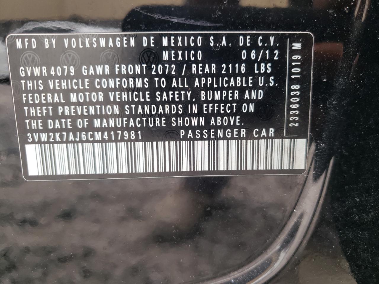 Photo 10 from auction – 2012 VOLKSWAGEN JETTA BASE with VIN 3VW2K7AJ6CM417981