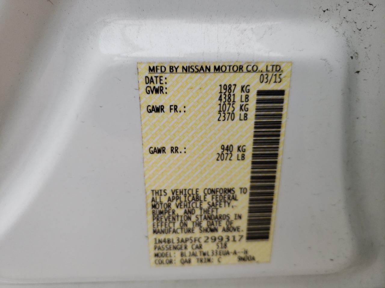 Photo 10 from auction – 2015 NISSAN ALTIMA 3.5 with VIN 1N4BL3AP5FC299317
