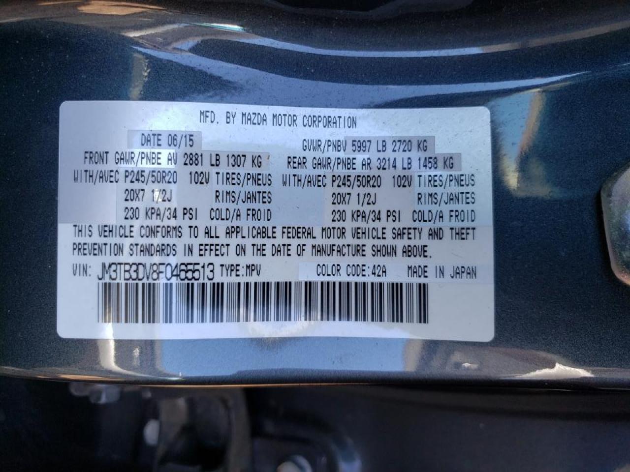 Photo 10 from auction – 2015 MAZDA CX-9 GRAND with VIN JM3TB3DV8F0465513