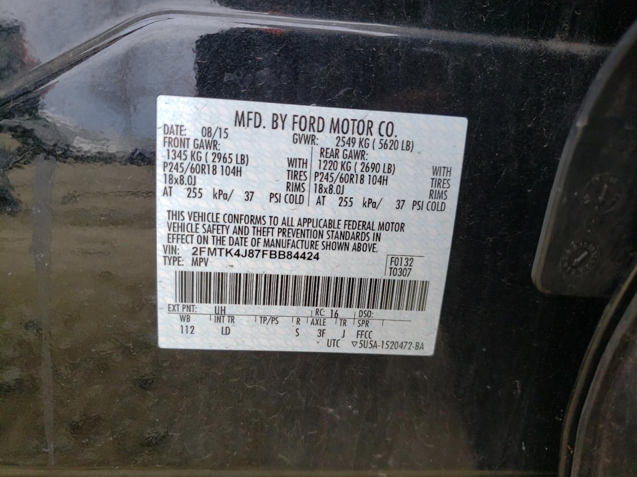 Photo 10 from auction – 2016 FORD EDGE SEL with VIN 2FMTK4J87FBB84424