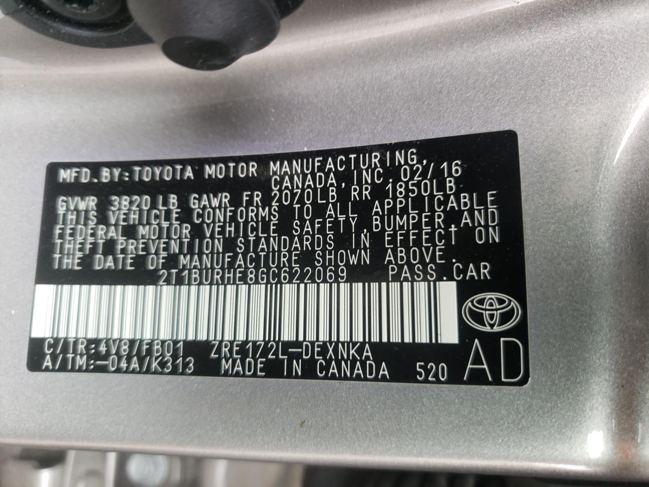 Photo 10 from auction – 2016 TOYOTA COROLLA L with VIN 2T1BURHE8GC622069