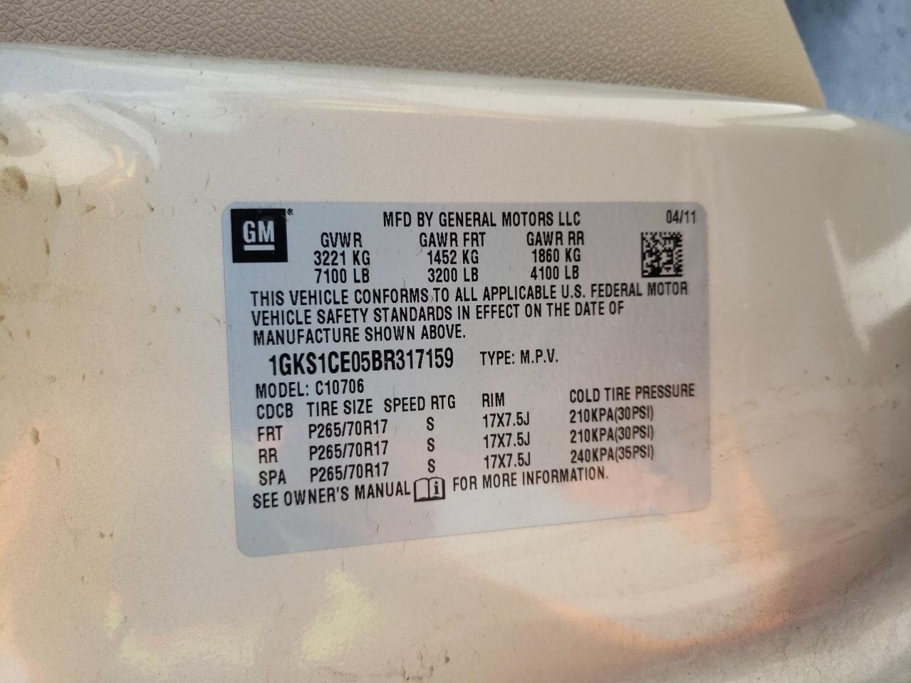 Photo 10 from auction – 2011 GMC YUKON SLT with VIN 1GKS1CE05BR317159