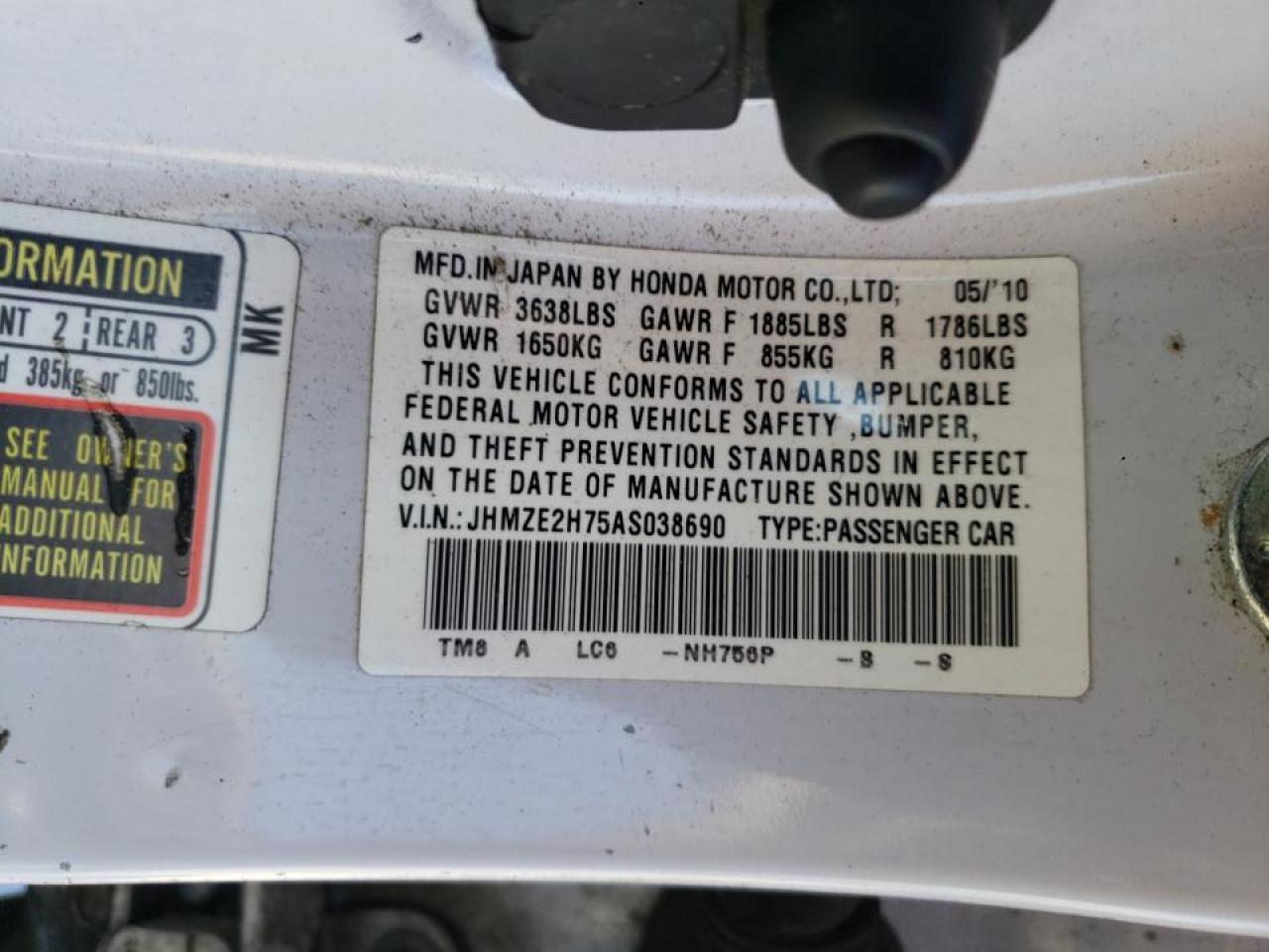 Photo 10 from auction – 2010 HONDA INSIGHT EX with VIN JHMZE2H75AS038690