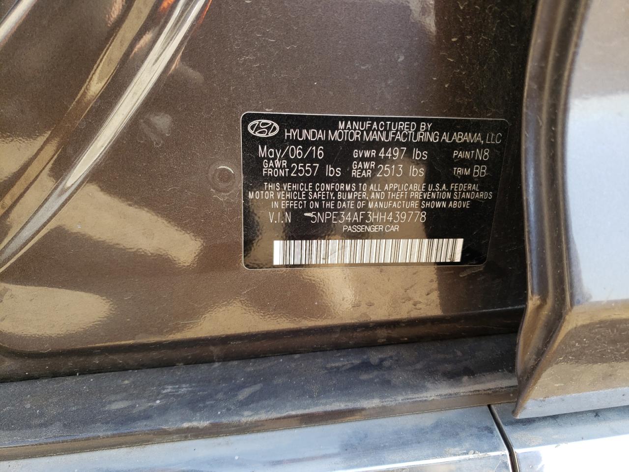 Photo 10 from auction – 2017 HYUNDAI SONATA with VIN 5NPE34AF3HH439778