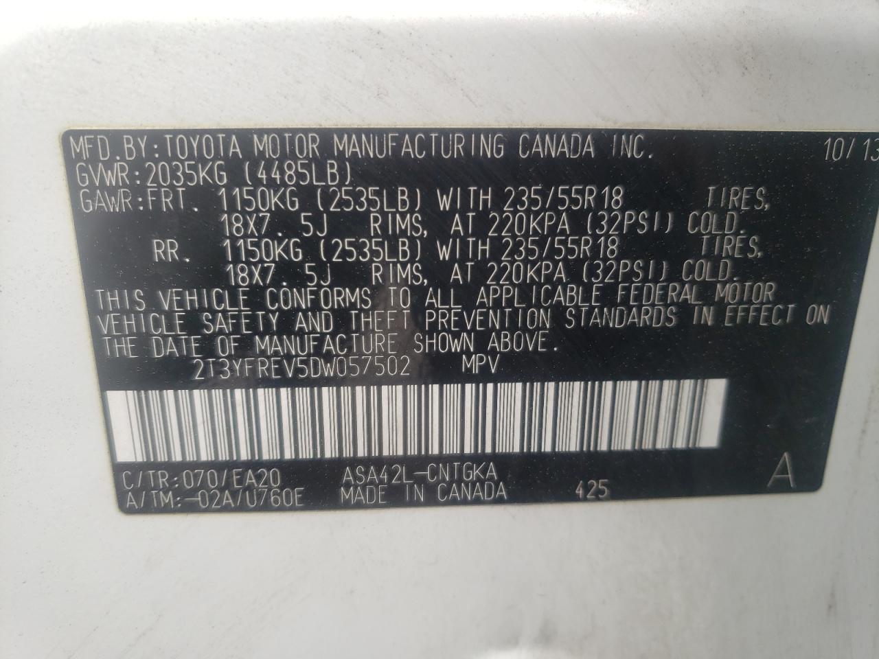 Photo 10 from auction – 2013 TOYOTA RAV4 LIMIT with VIN 2T3YFREV5DW057502