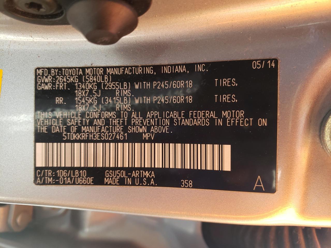 Photo 10 from auction – 2014 TOYOTA HIGHLANDER with VIN 5TDKKRFH3ES027461