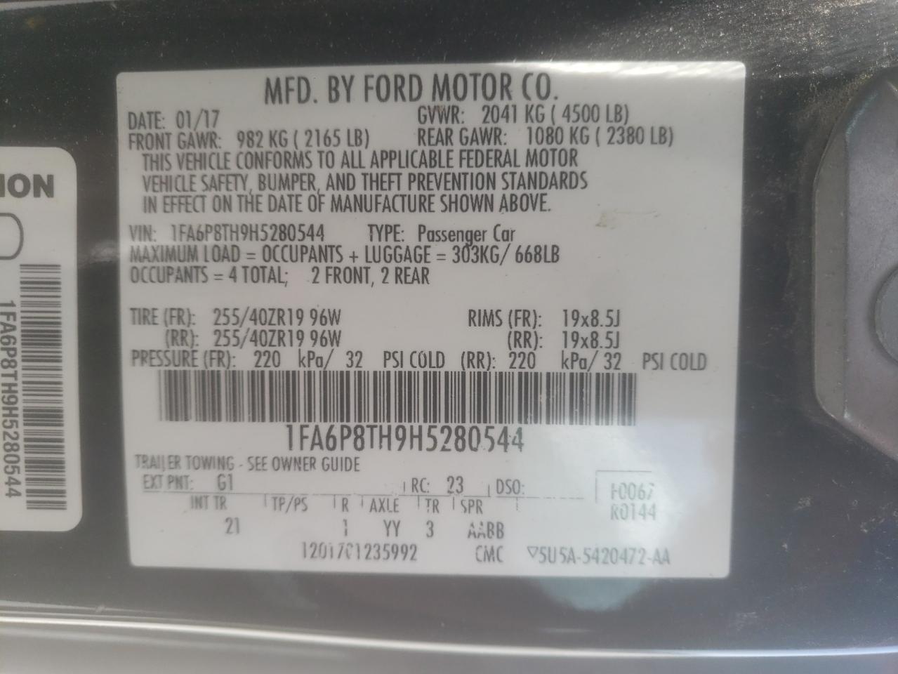 Photo 10 from auction – 2017 FORD MUSTANG with VIN 1FA6P8TH9H5280544