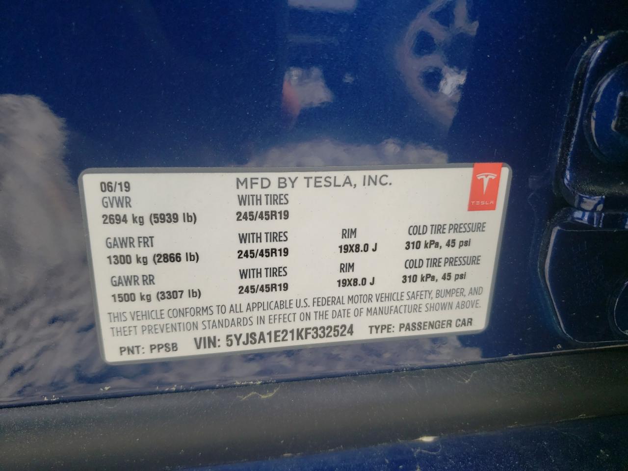 Photo 10 from auction – 2019 TESLA MODEL S with VIN 5YJSA1E21KF332524