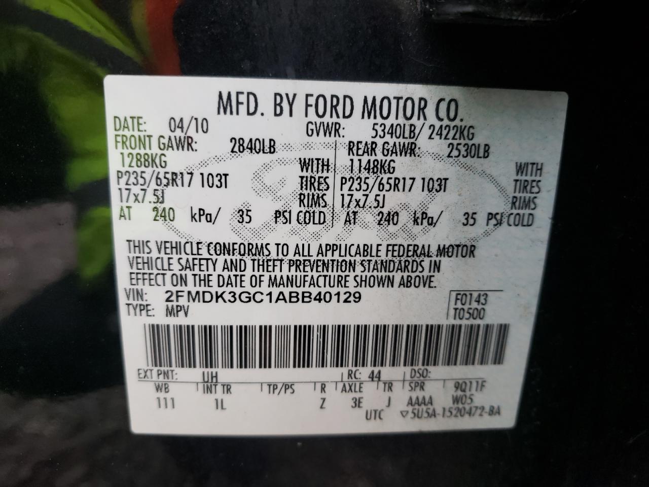 Photo 10 from auction – 2010 FORD EDGE SE with VIN 2FMDK3GC1ABB40129