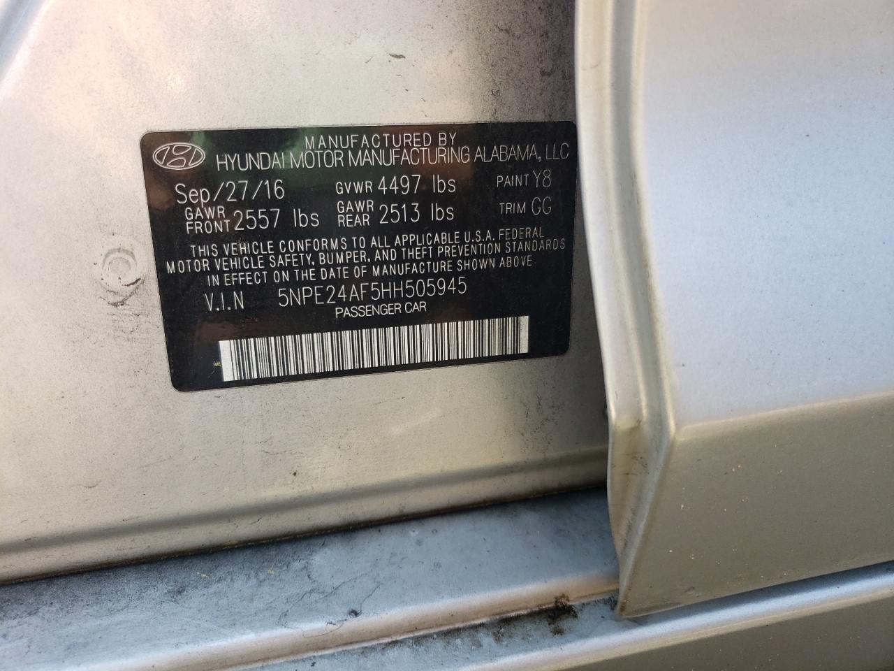 Photo 10 from auction – 2017 HYUNDAI SONATA SE with VIN 5NPE24AF5HH505945