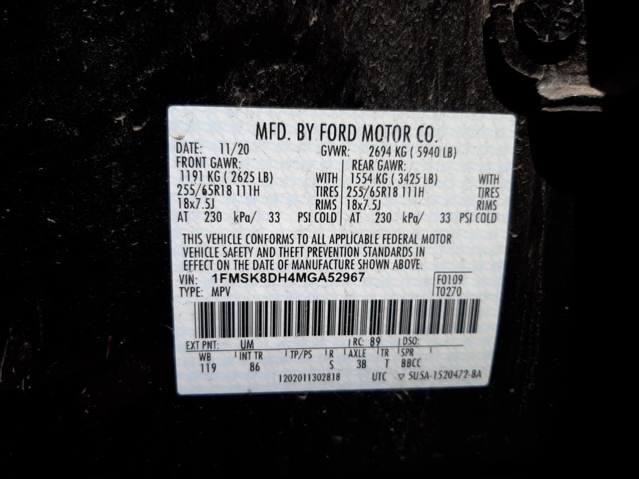 Photo 10 from auction – 2021 FORD EXPLORER X with VIN 1FMSK8DH4MGA52967