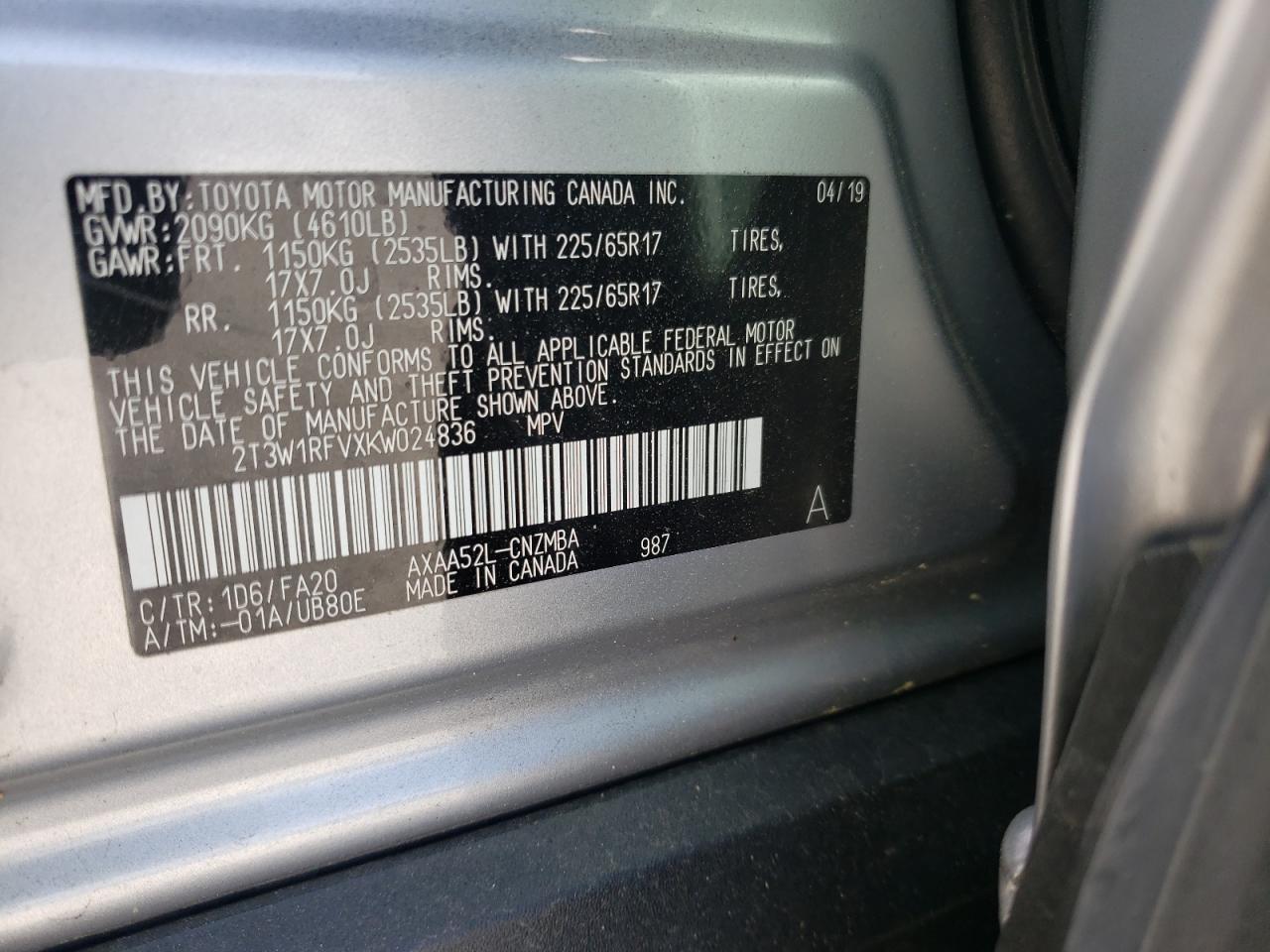 Photo 10 from auction – 2019 TOYOTA RAV4 XLE with VIN 2T3W1RFVXKW024836