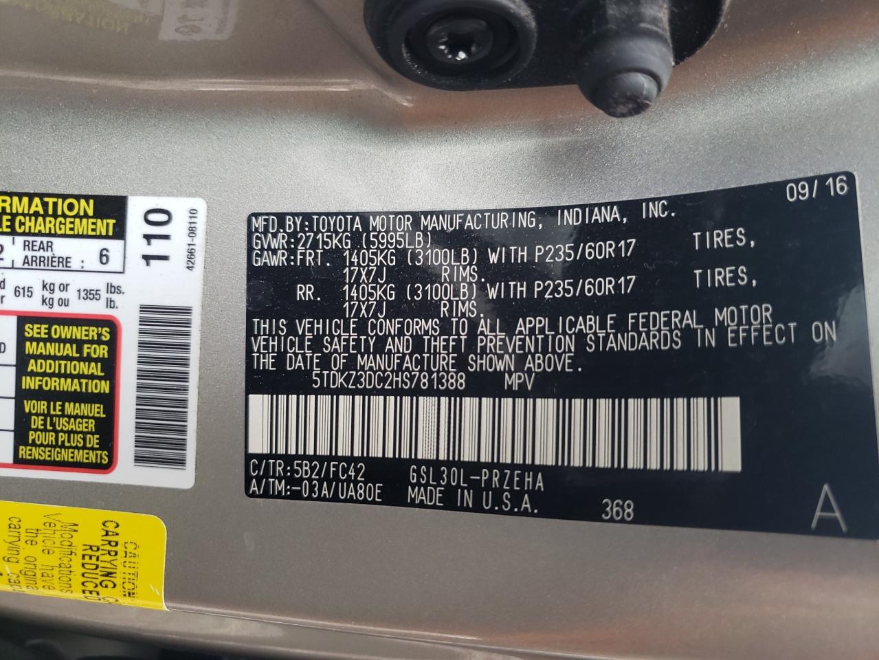 Photo 10 from auction – 2017 TOYOTA SIENNA LE with VIN 5TDKZ3DC2HS781388